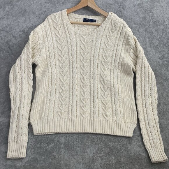 Polo Ralph Lauren Sweater Women's Large Beige Chunky Fisherman Knit Preppy - Picture 1 of 11